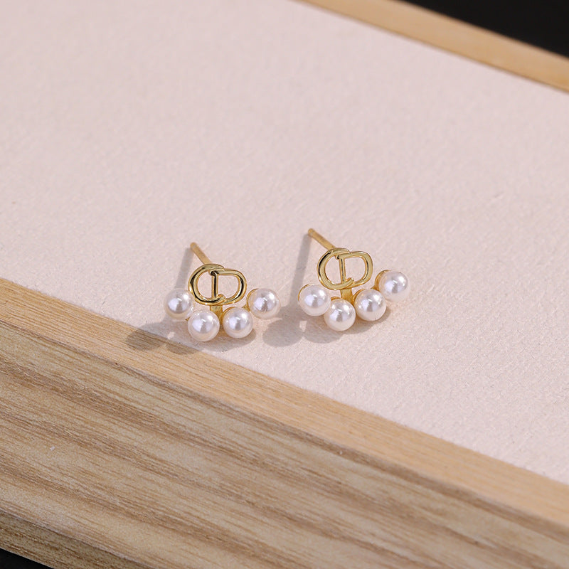 Letter CD Sterling Silver 925 Pearl Stud Earrings Female Niche Design Light Luxury Earrings Ins Style Cross-Border Foreign Trade Earrings