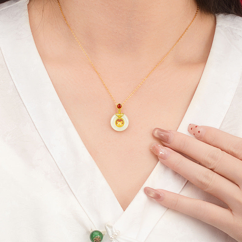 Pure Silver 999 Hetian Jade Safety Buckle Necklace Twelve Zodiac Pendant Birth Year Red Agate National Fashion Clavicle Chain