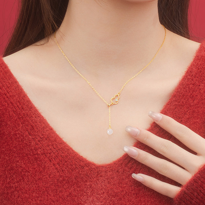 Fu Lu Double Full Sterling Silver 925 Women's New Chinese Style National Fashion Chalcedony Tassel Clavicle Chain Ins Style Gourd Zircon Pendant