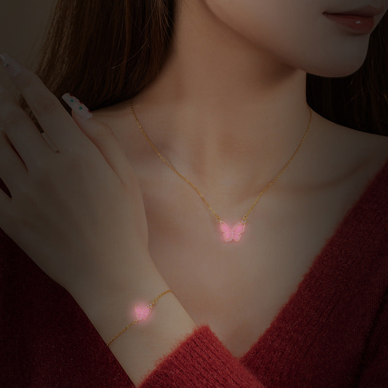 Butterfly Sterling Silver 925 Luminous Necklace Female Niche Design Light Luxury Pink Epoxy Clavicle Chain Ins Zircon Pendant