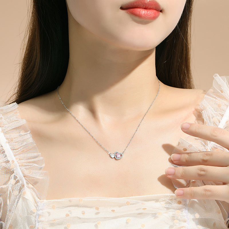 Lovely Sterling Silver 925 Necklace Female Niche Design Light Luxury Pink Diamond Clavicle Chain Get Things Ins Style ECG Pendant