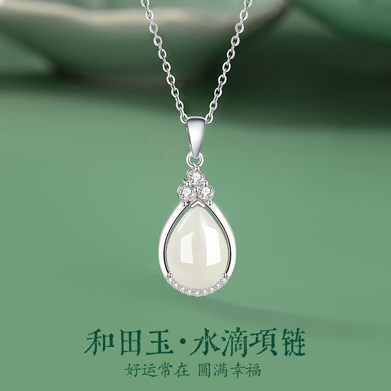 Dripping Silver 925 Necklace Light Luxury High-Grade Hetian Jade Clavicle Chain Mother's Day Gift Water Drop Pendant