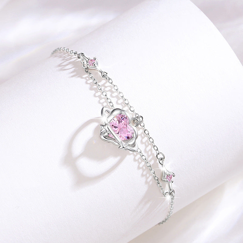 Lovely Sterling Silver 925 Bracelet Female Niche Design Light Luxury Star Pink Diamond Bracelet Qixi Ins Style Planet Bracelet