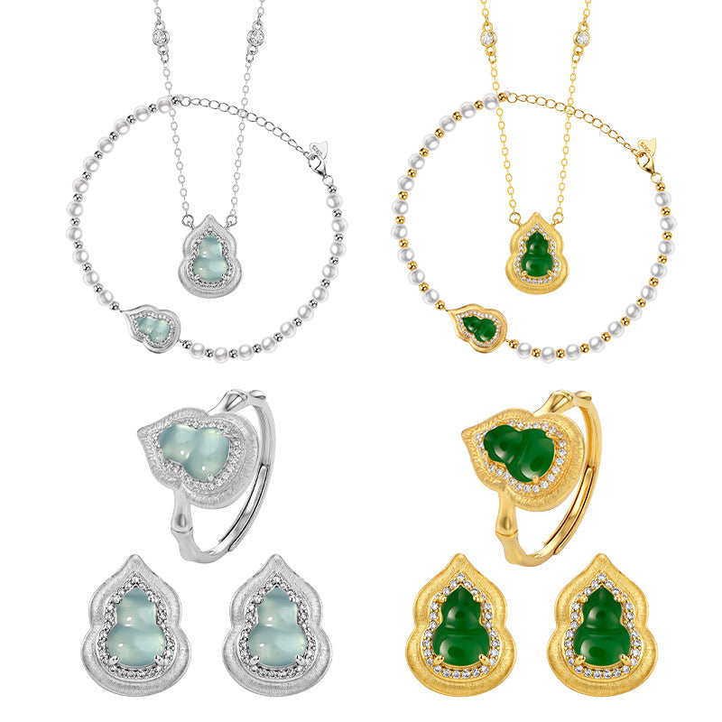 Natural Dangerous Material Green Blue Water Fu Lu Gourd Set S925 Sterling Silver Freshwater Pearl Necklace Bracelet Ring Earrings