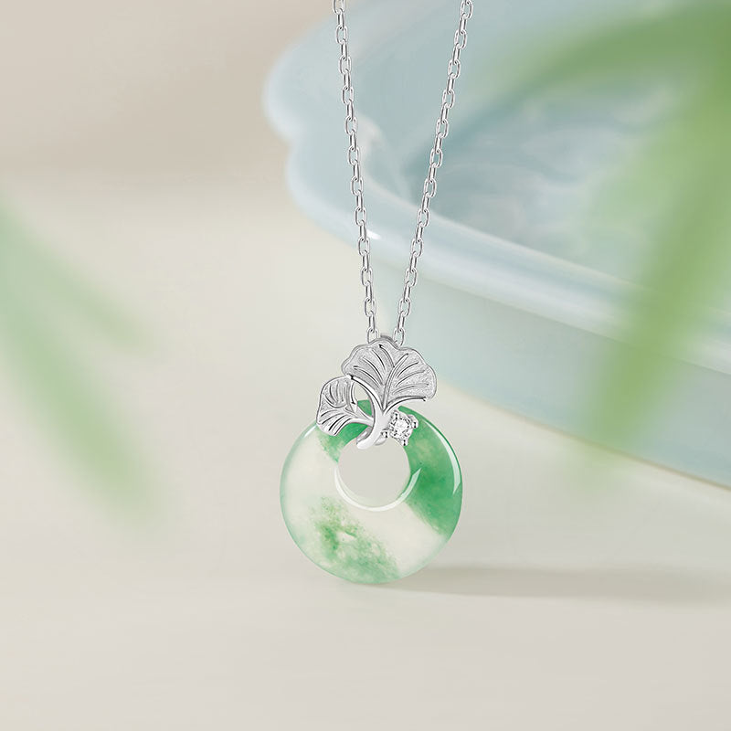 Sansheng Lucky Sterling Silver 925 Necklace Women's New Chinese Natural African Emerald Safety Buckle Clavicle Chain Ginkgo Leaf Pendant