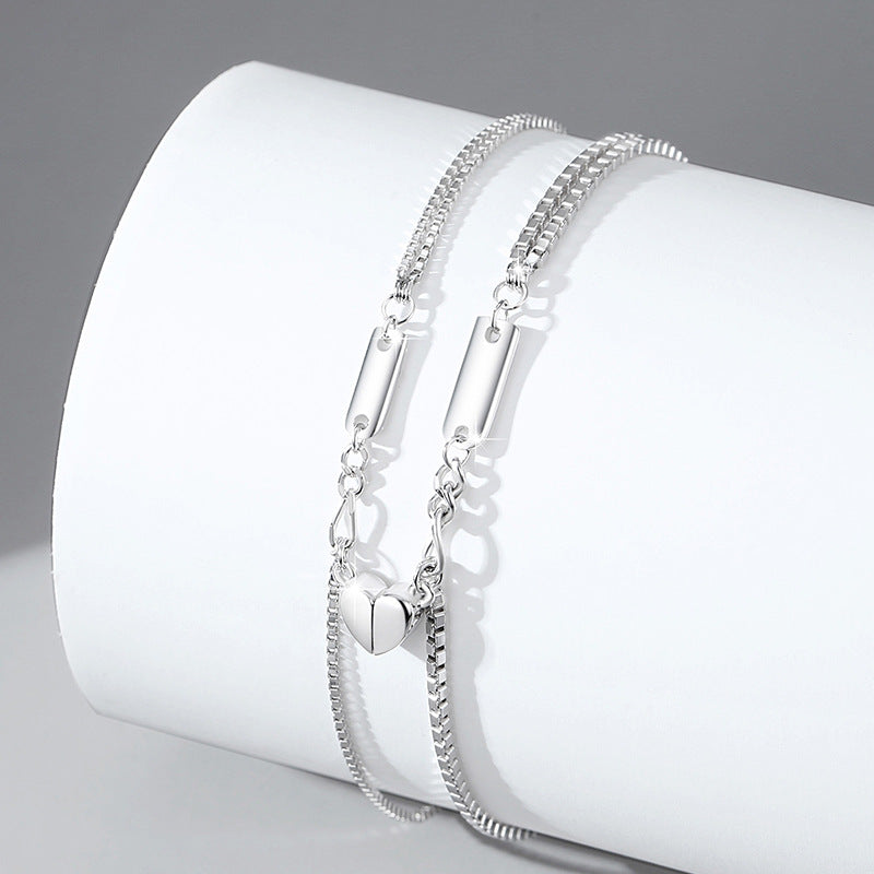 Lovely Sterling Silver 925 Couple Magnetic Bracelet Niche Design Light Luxury Chain Bracelet Ins Style Square Brand Bracelet