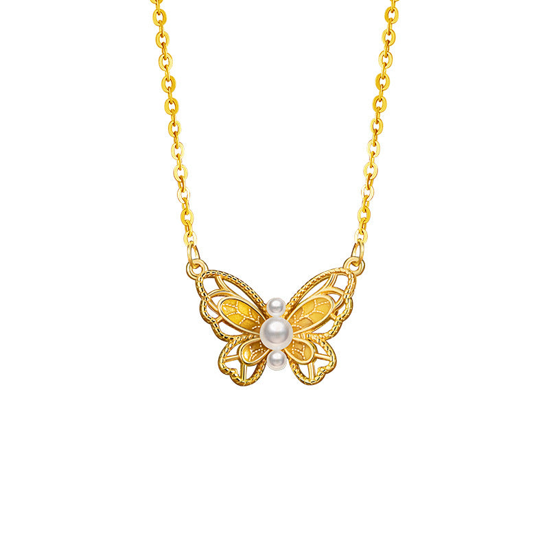 Butterfly Sterling Silver 925 Necklace Female Niche Design Light Luxury Shijia Pearl Clavicle Chain Ins Style Hollow Pendant