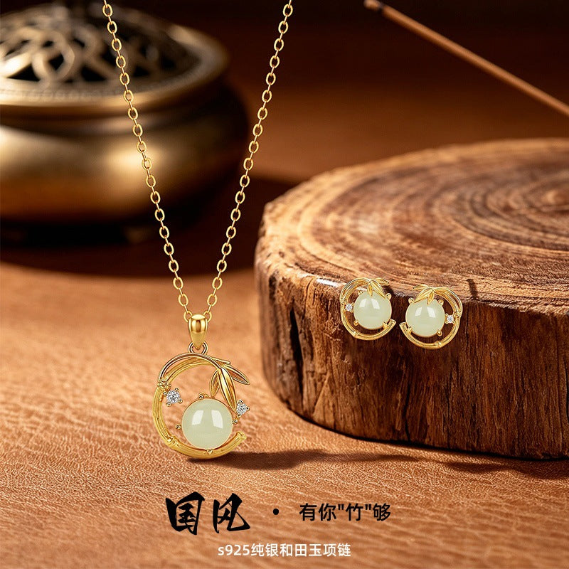 National Style Hetian Jade Has Enough Set for You S925 Sterling Silver Necklace Earrings Light Luxury Clavicle Chain Valentine's Day Gift for Women