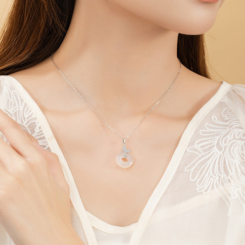 Butterfly Sterling Silver 925 Chalcedony Necklace Women's Fashion Versatile Safety Buckle Clavicle Chain Ins Style Flower Zircon Pendant