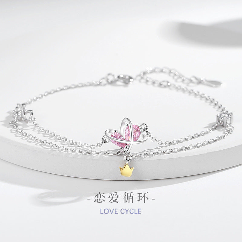 Planet Sterling Silver 925 Bracelet Women's Fashion All-Match Love Pink Diamond Bracelet Ins Style Star Crown Bracelet