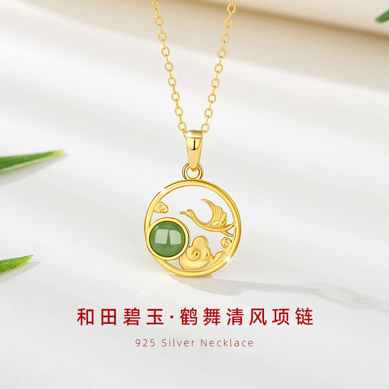 Crane Sterling Silver 925 Hetian Jade Necklace Women's National Fashion Classical Style Auspicious Cloud Clavicle Chain Ins New Chinese Style Pendant
