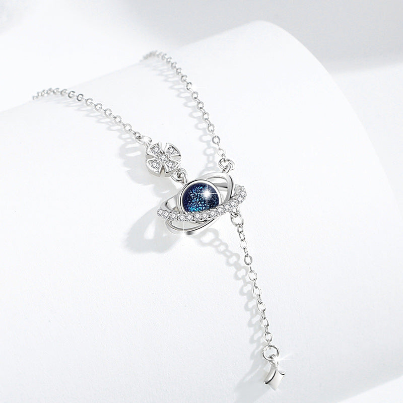 Planet Sterling Silver 925 Necklace Women's Fashion All-Match Saturn Clavicle Chain Goods Ins Style Glazed Stone Star Pendant