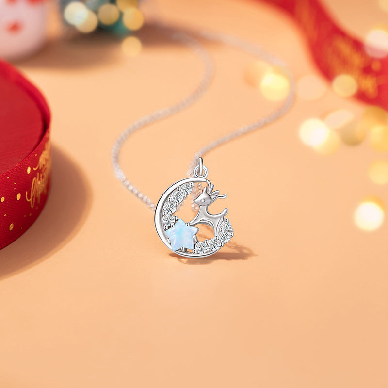 Elk Sterling Silver 925 Necklace Women's Fashion All-Match Star Clavicle Chain Christmas Deer Has Your Moon Pendant