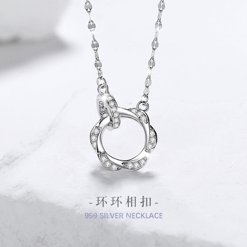 Mobius Ring S999 Pure Silver Necklace Female Niche Design Light Luxury Zircon Clavicle Chain Ring Buckle Pendant
