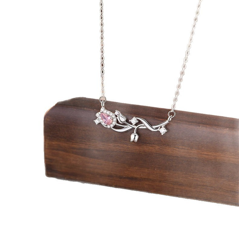 Tulip Sterling Silver 925 Necklace Women's Light Luxury High-Grade Zircon Clavicle Chain Ins Little Red Book Same Style Flower Pendant