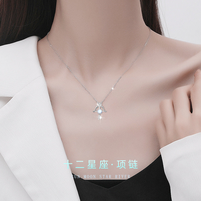 Twelve Constellation Sterling Silver 925 Necklace Female Niche Design Light Luxury Star Qixi Festival Dream Moonstone Pendant