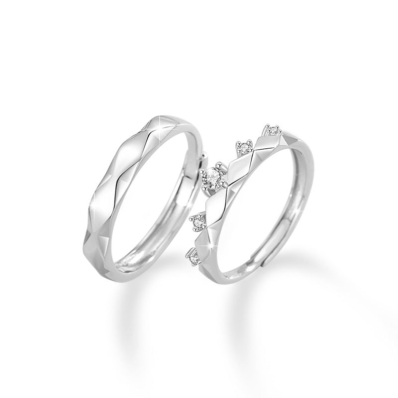 Crown Pure Silver 999 Couple Ring Men's and Women's Fashion All-Match Zircon Ring Thing Ins Wind Rhombus Ring