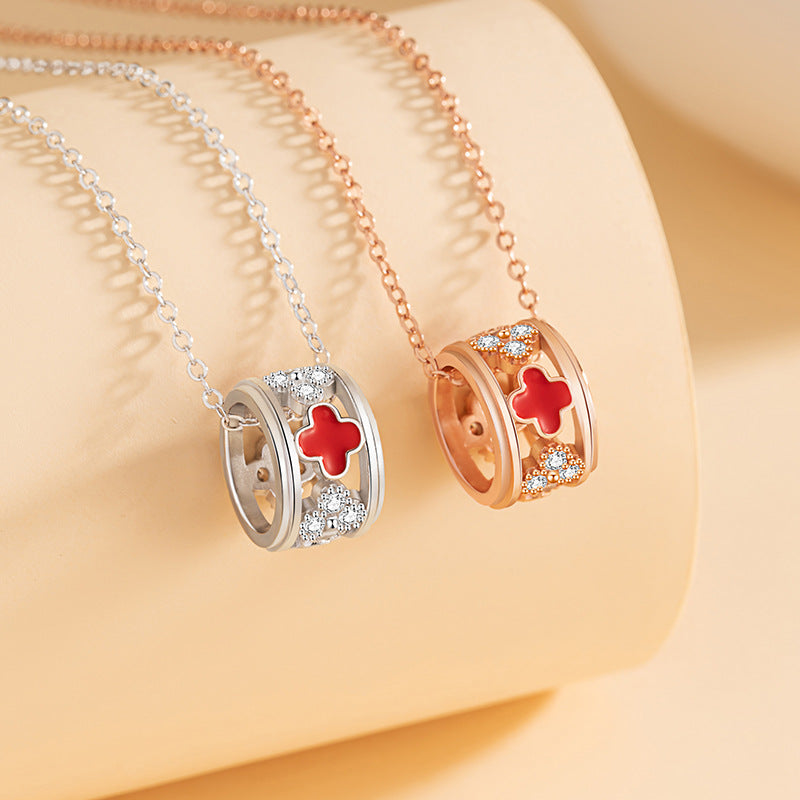 Small Waist Sterling Silver S925 Necklace Women's Light Luxury Small Zircon round Clavicle Chain Lucky Clover Pendant