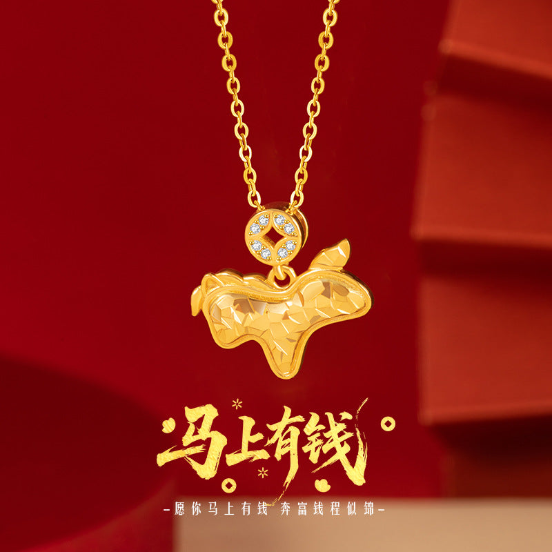 Immediately Rich Flower Sterling Silver 925 Necklace Women's Light Luxury High-Grade Sense Birth Year Copper Coin Clavicle Chain Zodiac Horse Pendant