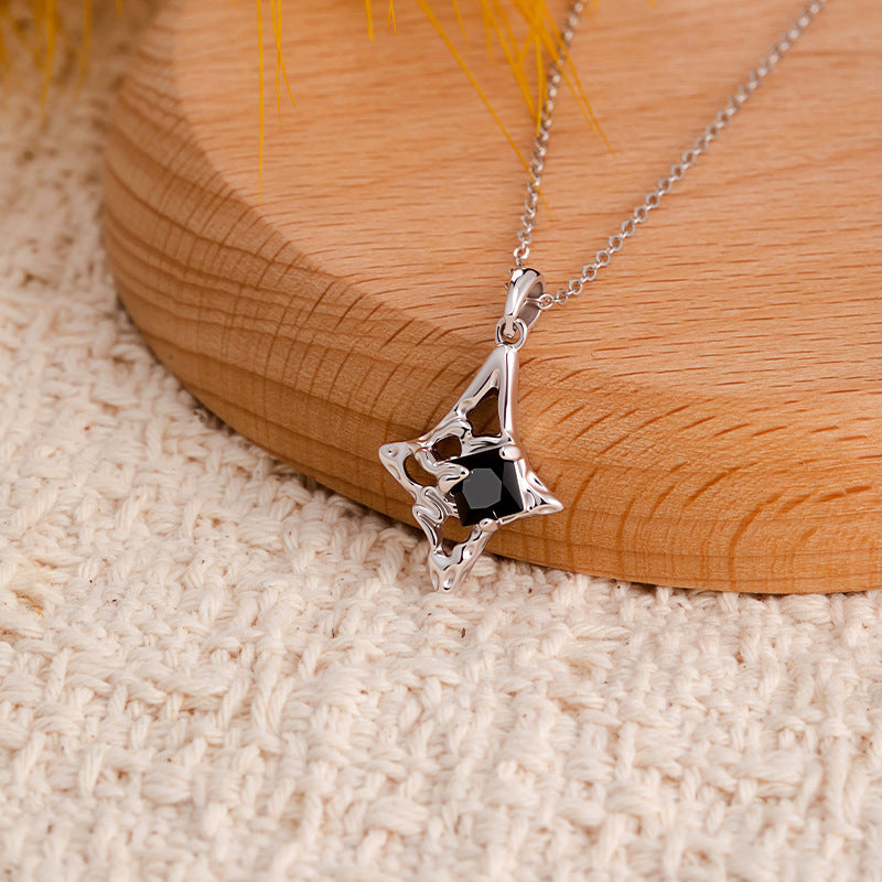 Cool Style S925 Sterling Silver Necklace Ring Stud Earrings Star Jewelry Set Black Zircon Niche Design Light Luxury Jewelry