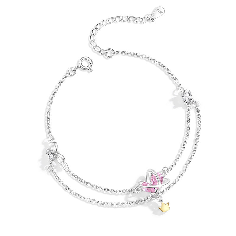 Planet Sterling Silver 925 Bracelet Women's Fashion All-Match Love Pink Diamond Bracelet Ins Style Star Crown Bracelet
