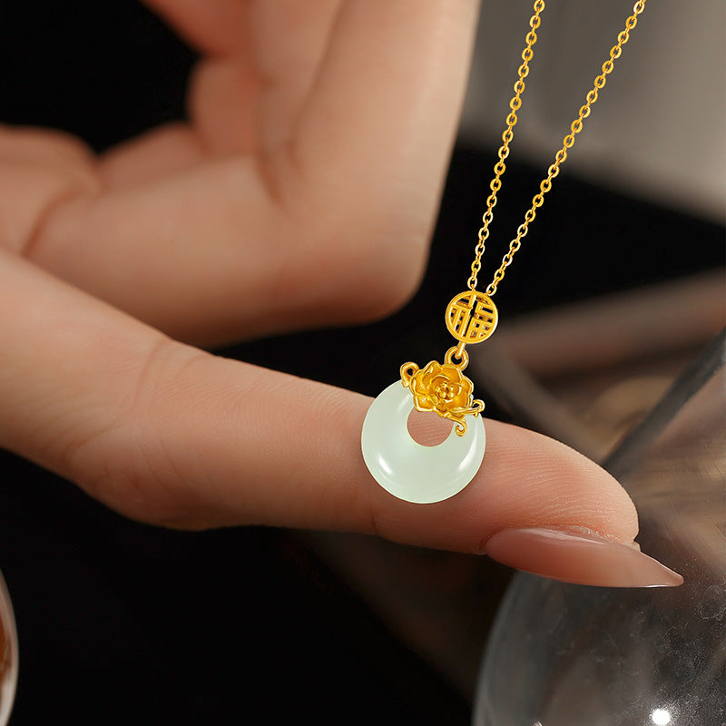 Twelve Flower God Series Hetian Jade Safety Buckle Necklace S925 Pure Silver Inlaid Jade Pendant New Chinese Style Clavicle Chain