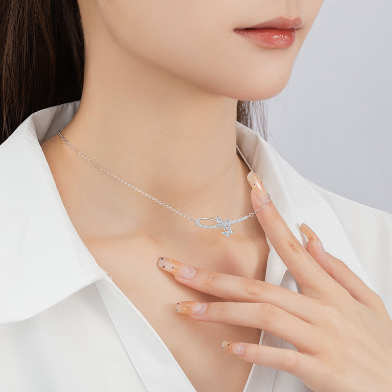 Butterfly Sterling Silver 925 Necklace Female Niche Design Light Luxury Star Zircon Clavicle Chain Ins Style Meteor Shower Pendant