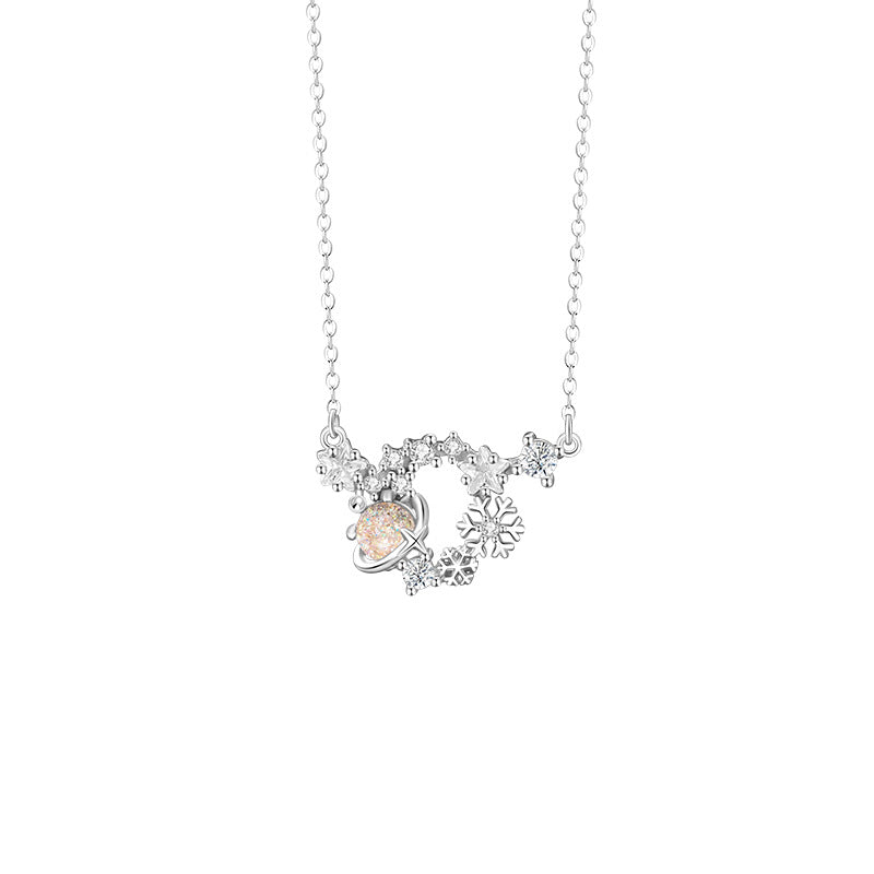 Snowflake Sterling Silver 925 Necklace Female Niche Design Light Luxury Glass Stone Star Clavicle Chain Ins Christmas Pendant