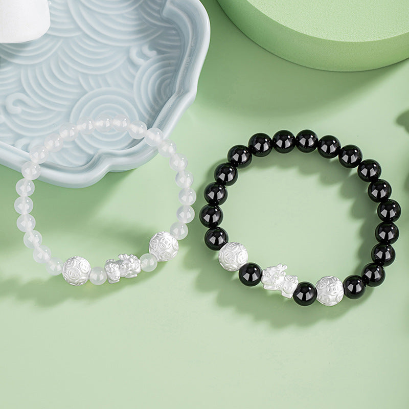 Pure Silver 999 Couple Bracelet New Chinese Style Trendy White Agate Lucky Beads Bracelet Ins Style Copper Coin Bracelet
