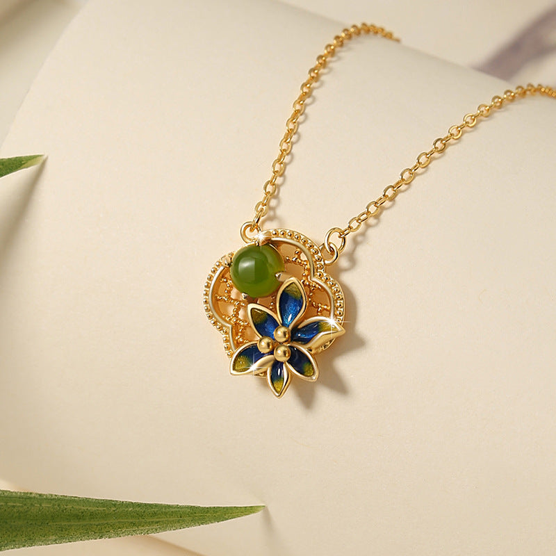 Clover Sterling Silver 925 Necklace Women's New Chinese Style National Fashion Hetian Jasper Flower Clavicle Chain Ins Wind Window Flower Pendant