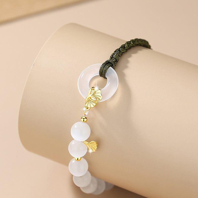 Safety Buckle Chalcedony Sterling Silver 925 Bracelet Women's National Fashion Light Luxury Opal Apricot Leaf Bracelet Lucky Bracelet