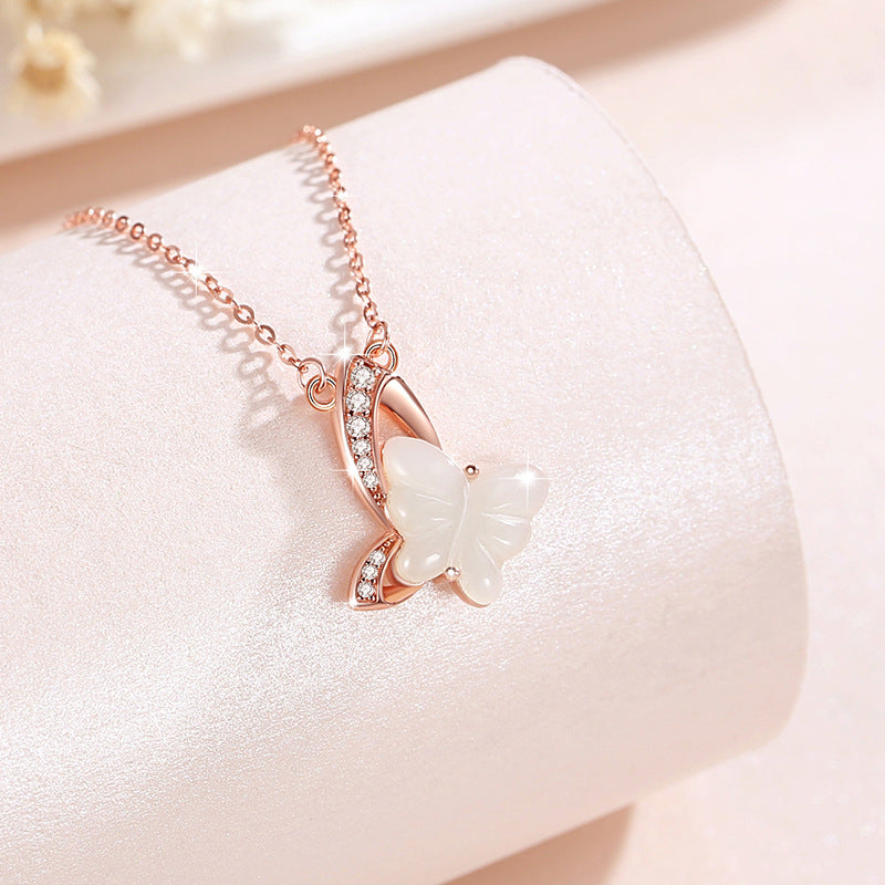 Butterfly Hetian Jade Sterling Silver 925 Necklace Female Niche Design Light Luxury Clavicle Chain Material Ins Style Zircon Pendant