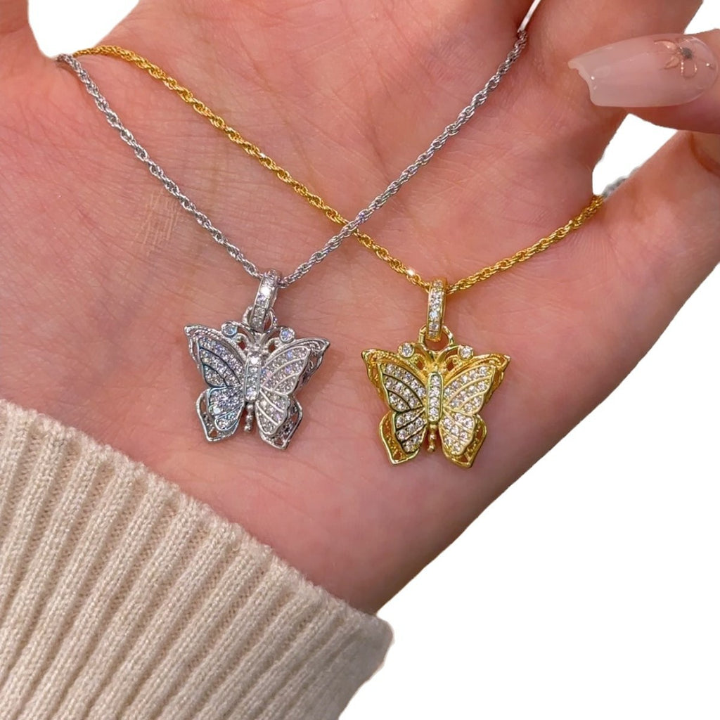 Ancient Butterfly Sterling Silver 925 Necklace Women's Retro Court Style Tassel Clavicle Chain Ins Style High-Grade Zircon Pendant