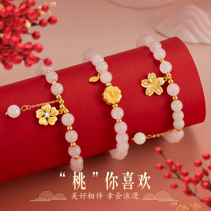 Peach Blossom Sterling Silver 925 Hetian Jade Bracelet Sweet Cute Pink Crystal Cherry Blossom Bracelet Ins Flower Bracelet