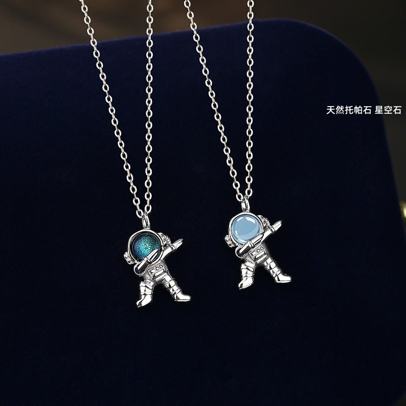 S925 Sterling Silver Astronaut Necklace Starry Sky Stone Natural Topaz Pendant Niche Clavicle Chain Silver Jewelry Factory Spot