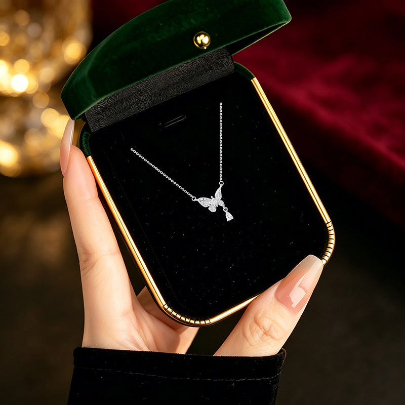 S925 Sterling Silver Necklace Women's Light Luxury Relief Water Drop Shining Dream Butterfly Clavicle Chain Niche High Sense Valentine's Day Gift