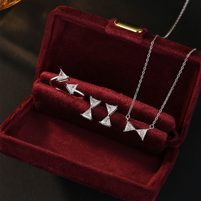 INS Style Lover Knot Three-Piece Set S925 Sterling Silver Necklace Stud Earrings Ring Triangle Flash Diamond Valentine's Day Simple Jewelry