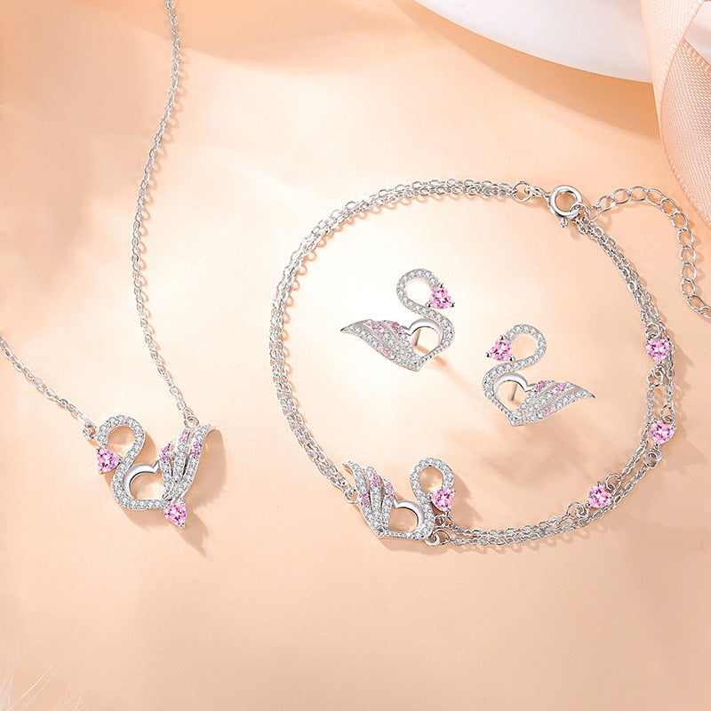 Swan Sterling Silver 925 Necklace Female Niche Design Light Luxury Pink Zircon Clavicle Chain Get Things Ins Love Pendant