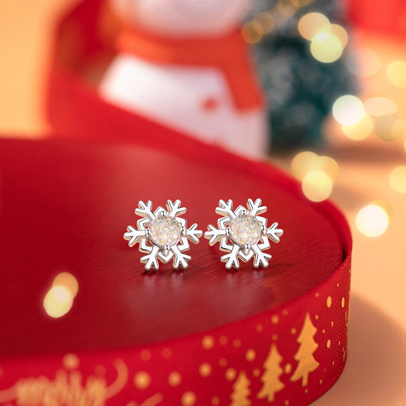 Snowflake Sterling Silver 925 Stud Earrings Female Niche Light Luxury High-Grade Glass Stone Star Awn Earrings Ins Style Christmas Earrings