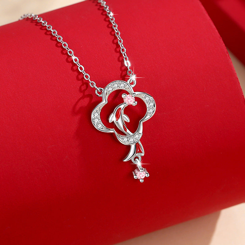 Lucky Koi Fish Sterling Silver 925 Necklace Women's Fashion Versatile Pink Zircon Clavicle Chain Ins Clover Pendant