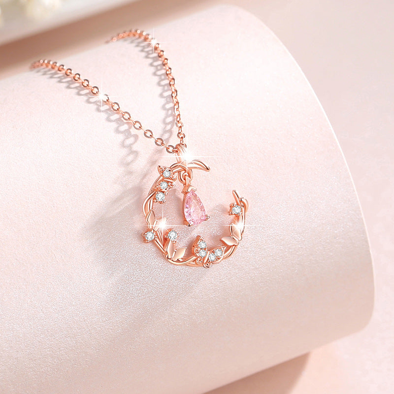 Butterfly Sterling Silver 925 Necklace Women's Fashionable All-Match Pink Zircon Clavicle Chain, INS Style Flower Pendant