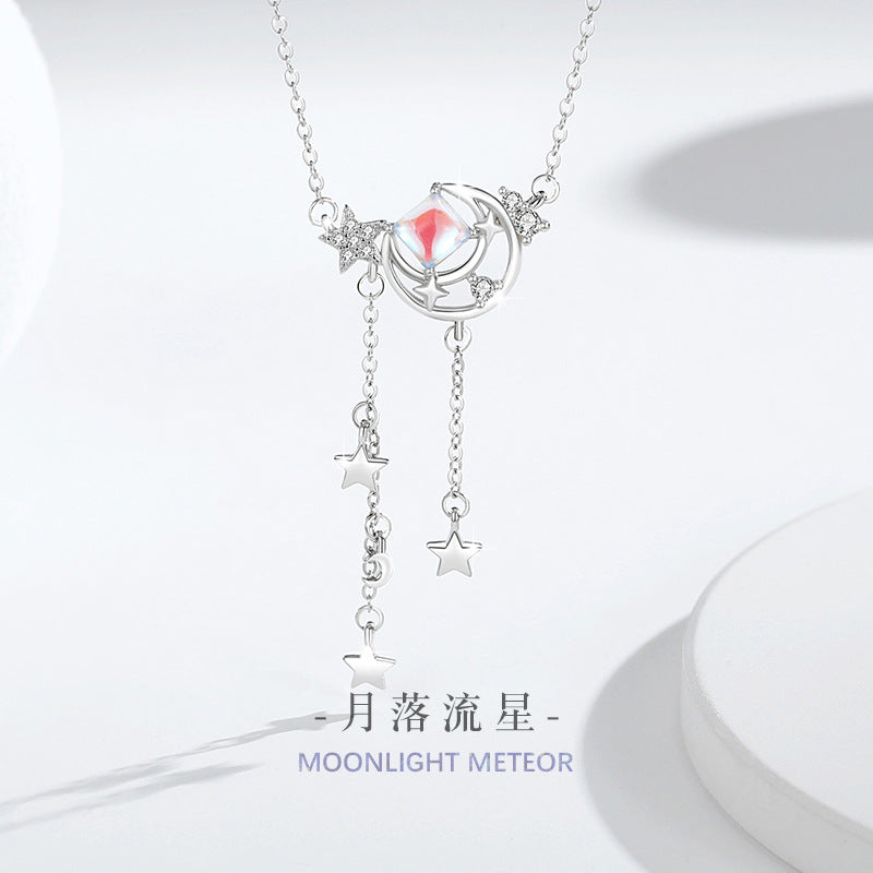 Moon Sterling Silver 925 Necklace Women's Light Luxury All-Match Meteor Shower Clavicle Chain Ins Star Tassel Glass Stone Pendant