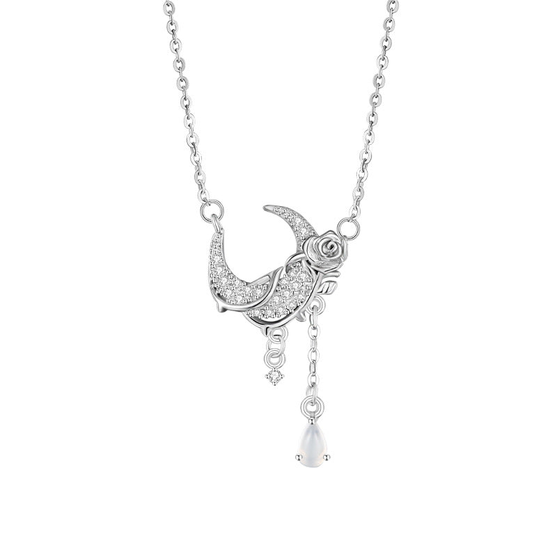 S925 Sterling Silver Moon Rose Necklace Female White Agate Tassel Clavicle Chain Niche Design High-Grade Light Luxury Silver Jewelry