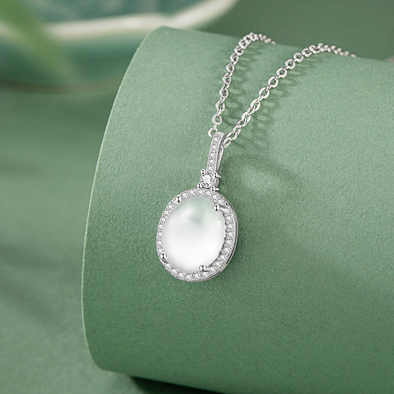 Natural Water Foam Jade Sterling Silver 925 Necklace Women's Light Luxury High-Grade Oval Zircon Clavicle Chain Mother's Day Pendant