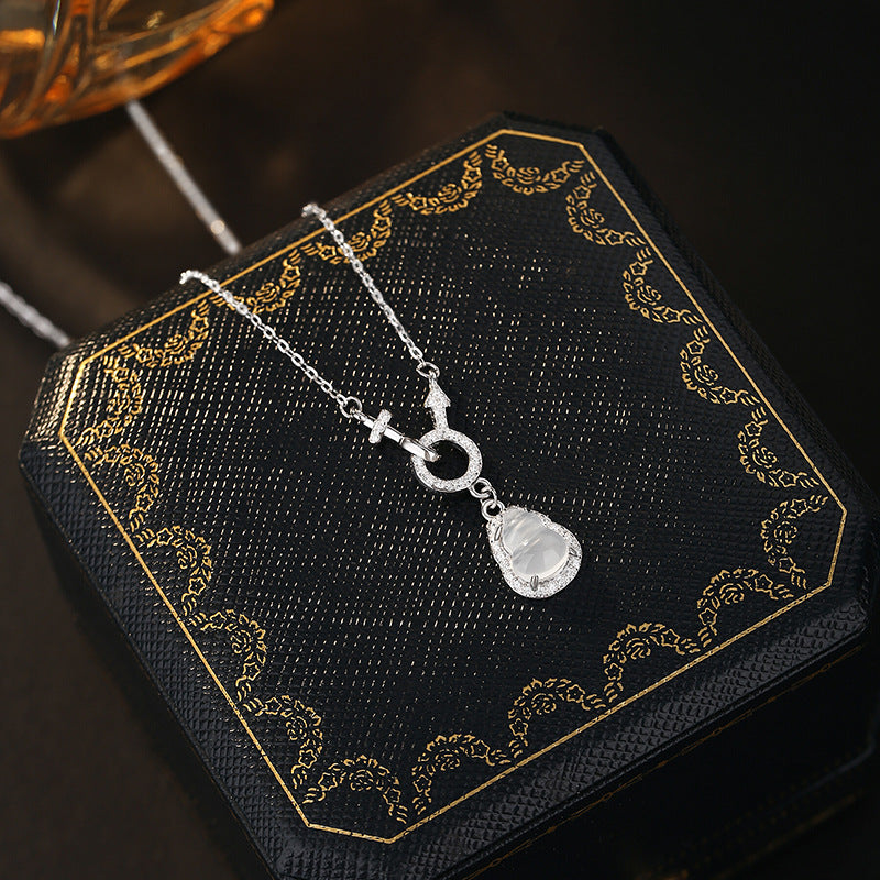 S925 Sterling Silver Necklace Female White Chalcedony Gourd Couple Symbol Clavicle Chain New Chinese Fu Lu Pendant Niche Gift