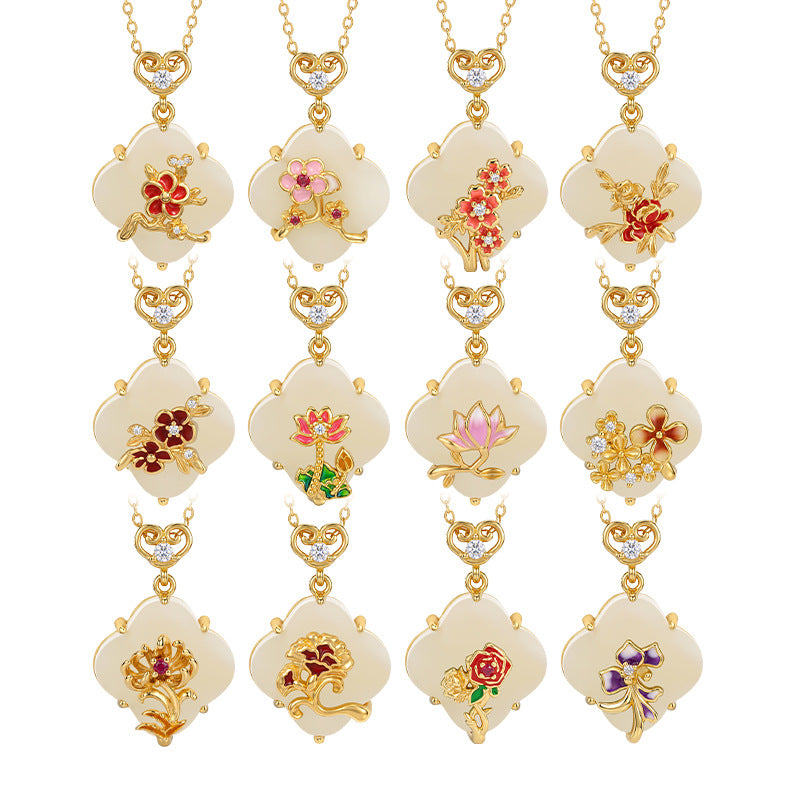 Twelve Flower God Sterling Silver 925 Hetian Jade Necklace New Chinese Flower Clavicle Chain Ins Style Lucky Clover Pendant