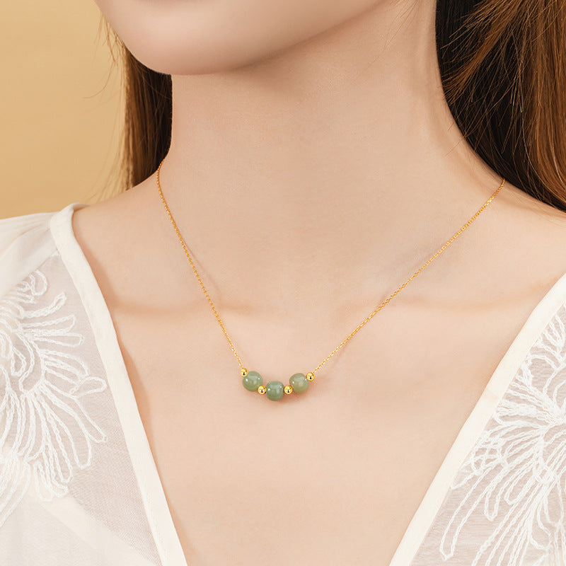 Original Sansheng Sanshi Sterling Silver 925 Hetian Jade Necklace Women's New Chinese National Fashion Clavicle Chain Ins Style round Bead Pendant