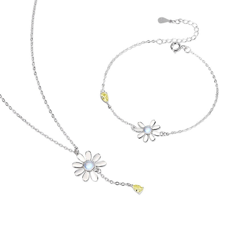 Daisy Sterling Silver 925 Necklace Set Female Niche Design Light Luxury Sunflower Bracelet Ins Glass Stone Ring