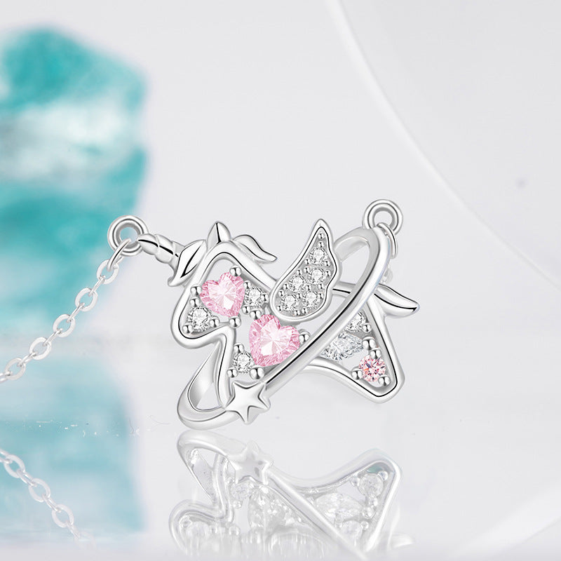 Fantasy Unicorn Sterling Silver 925 Necklace Female Sweet Cute Love Clavicle Chain Ins Style Zodiac Horse Pendant