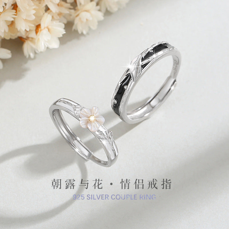 Flower Sterling Silver 925 Couple Ring Men and Women Niche Design Light Luxury Leaf Ring Thing Ins Cherry Blossom Ring